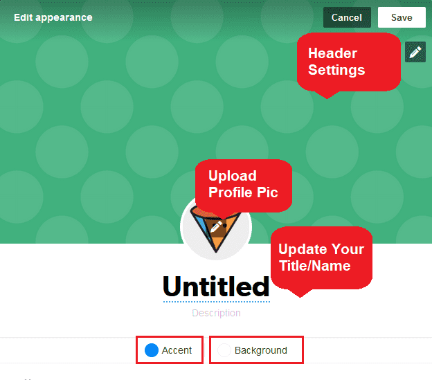 Edit your Appearance in Tumblr You can edit Header, Profile Picture, Title, Accent Color, and Background.
. Click "Save" to update your appearance settings.