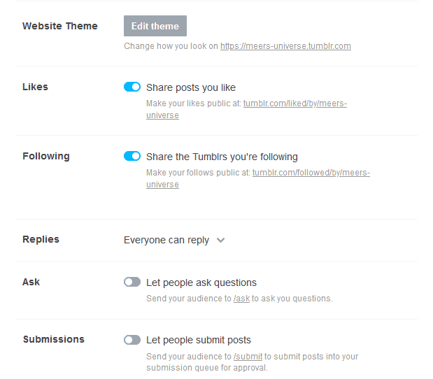 Tumblr Account Settings Tumblr Account settings such as Edit Theme, Ask Feature, and Submissions.