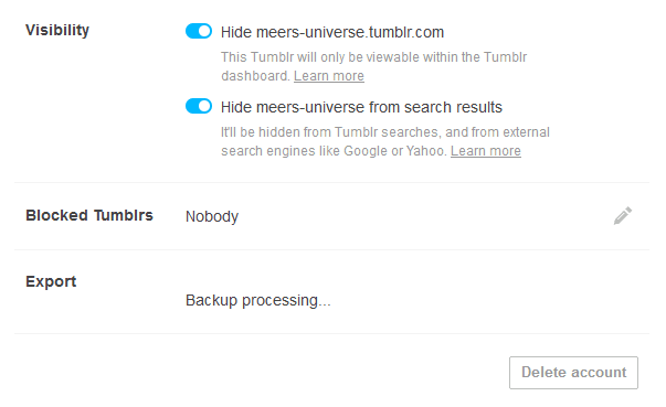 Visibility, Export, and Delete options in Tumblr First Visibility, Second Visibility, Blocked tumblr and Export.