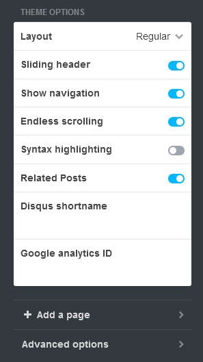 Settings for Layout, Syntax Highlighting, Related Posts, Disqus Comments, and Add a Page