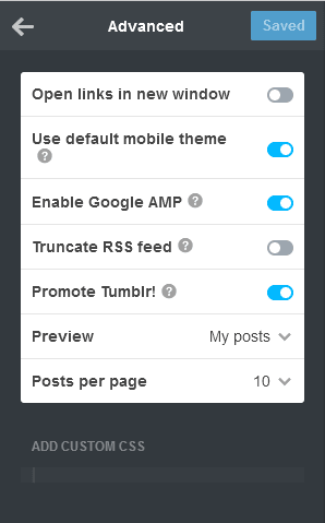Advanced Theme Settings in Tumblr Advanced theme settings in Tumblr such Google AMP, Truncate RSS Feed, Promote Tumblr, Preview, etc.