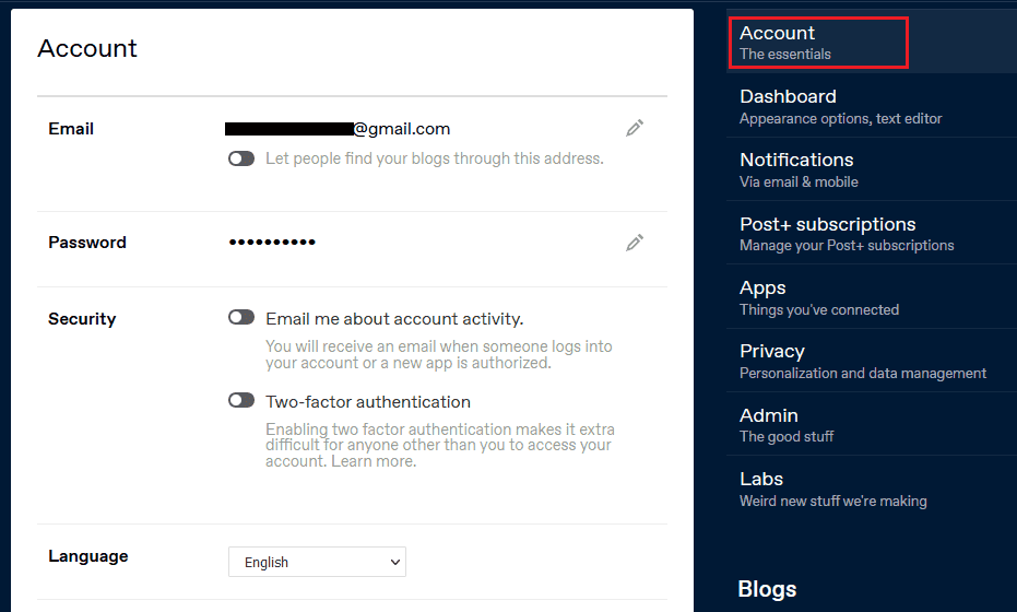 Essential Account Settings in Tumblr such as Email me about account activity, and Two-factor authentication