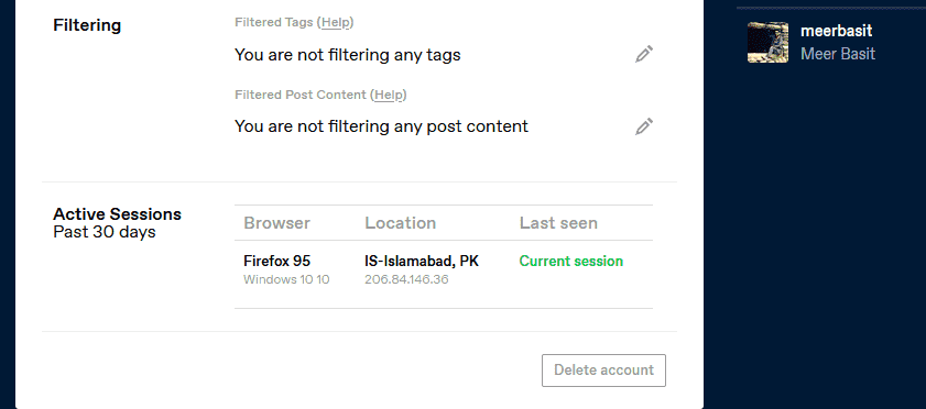 Filtereed tags Account Settings in Tumblr Filtering Settings and Active Sessions Settings.