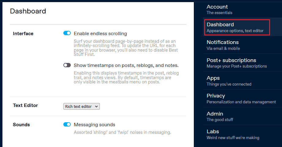 Dashboard offers Appearance options and Text Editor settings. Enable Endless scrolling, Show timestamps on posts, reblogs, and notes". Text Editor options allow you to pick your desired text editor for writing your posts.