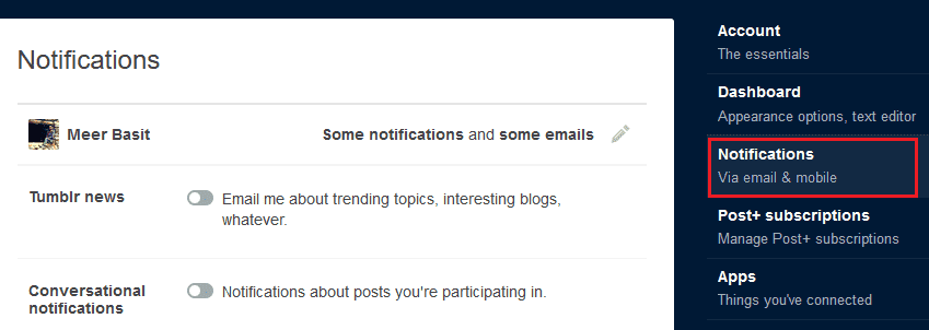Notification Settings in Tumblr Notifications settings