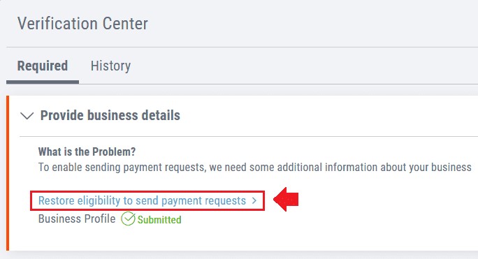 Click on the "Restore eligibility to send payment requests" link. 