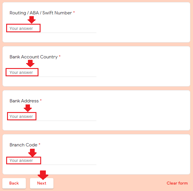 Enter the Bank Account Country, Bank Address, Branch Code. Click on the Next button.