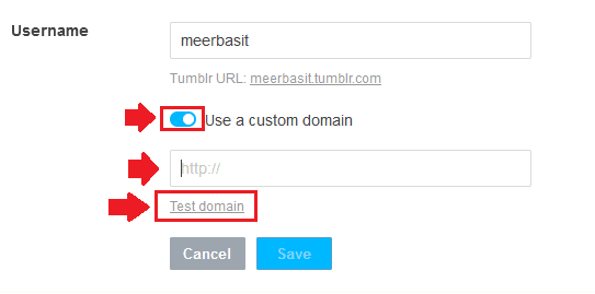 Drag the slider towards your right to turn-on the "Use a custom domain" option.In the custom-domain (http://) Text Box type your custom domain URL without "http://". 