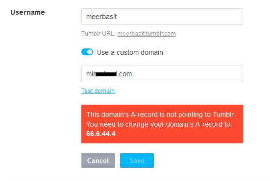 This is the error: "This domain's A-record is not pointing to Tumblr. You need to change your domain's A-record to: 66.6.44.4".