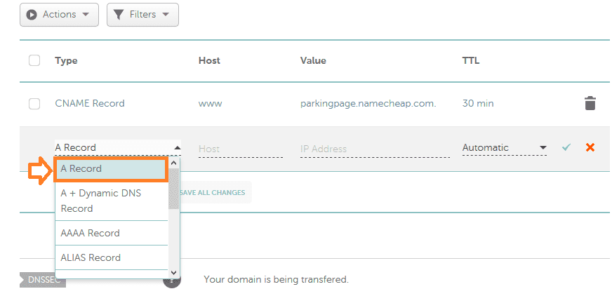 Create A Record for your custom domain in Namecheap 3