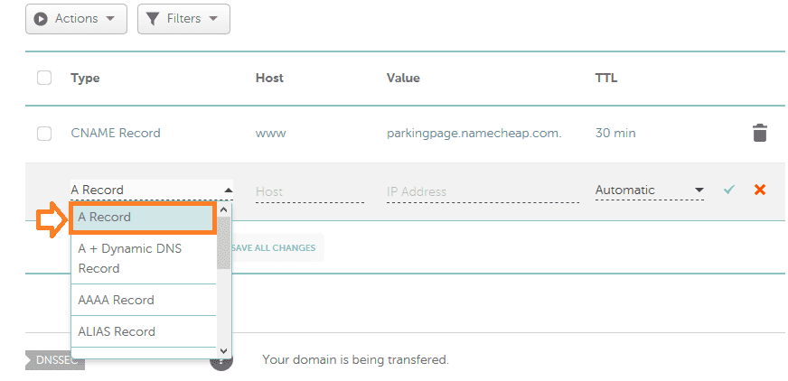 Choose the "A Record" from the dropdown list. 