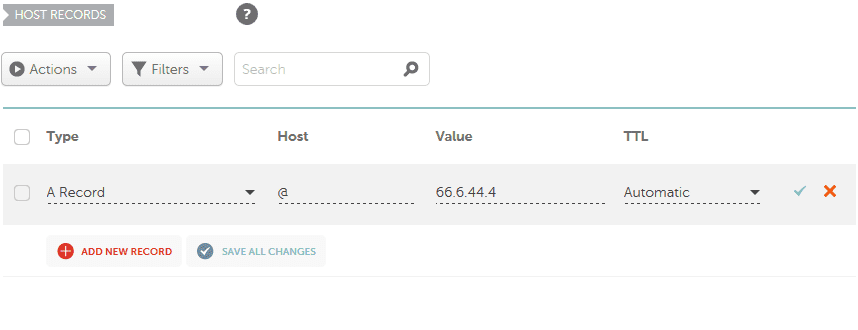 In the "Host" field enter "@". @ means your root-site/domain like "scalefortune.com". In the "Value" field enter "66.6.44.4". Value means the destination URL where your custom domain will point to. 66.6.44.4 is the IP address of Tumblr.Let "TTL" be automatic or choose 60. Click the "Tick" icon to save the record.