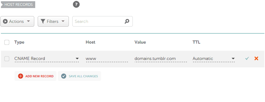 Create CNAME Record for your custom domIn the "Host" field type "www". It means "www.scalefortune.com.", "www.example.com.", etc.In the "Value" field type "domains.tumblr.com". It is the destination URL where your domain will point to. Let "TTL" be automatic or choose 60. Click the "Tick" icons to Save the CNAME Record. ain in Namecheap 4