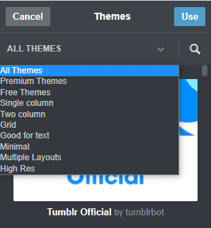Choose your desired category of Tumblr themes. The "Free Themes" category contains free of cost Tumblr themes whereas other categories such as Premium, Single Column, etc, contain paid Tumblr themes. 