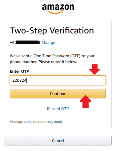 Enter the OTP code that you have received on your Mobile Phone. Click the "Continue" button.