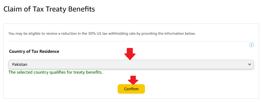 You will also see a message "The selected country qualifies for treaty benefits". Click the Confirm button.