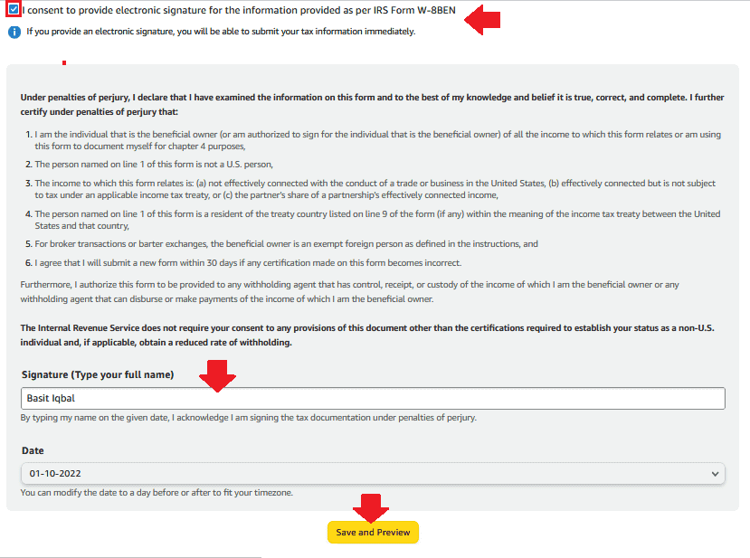 Sign the W-8BEN form.