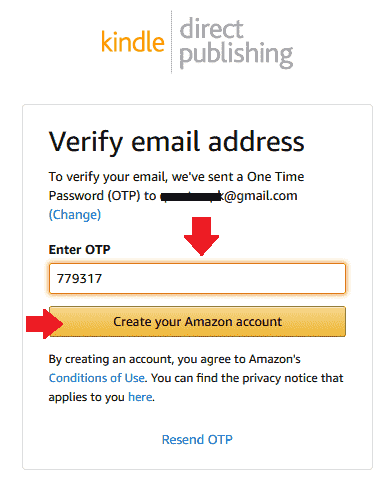 Enter the OTP code. Click on the "Create Your Amazon account" button.