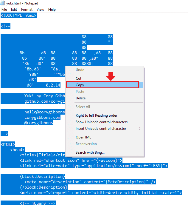 Press "Ctrl + A" to copy the code completely, and Right-Click on the selected code and click "Copy".