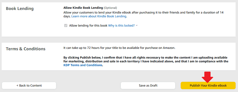 Set Book Lending option, Read Terms and conditions, and click on the Publish Your Kindle eBook button.