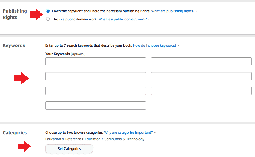 Choose Publishing Rights, Enter Keywords, and set book categories