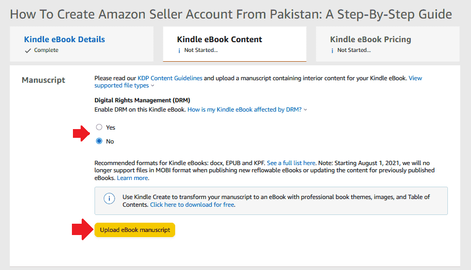 Choose whether you want to enable DRM or not. Upload eBook Manuscript.