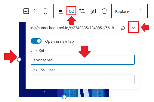 Click the image and then click the "Link Icon" from Toolbar. Click the "Downward Arrow" positioned with URL Box to expand the Link Settings.  In the "Link Rel" textbox enter your desired link attribute i.e. nofollow or sponsored.