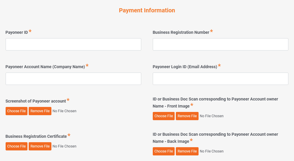 Provide payment information like Payoneer ID, Business Registration Number, Payoneer Account name, etc. Provide payment information like Payoneer ID, Business Registration Number, Payoneer Account name, etc.