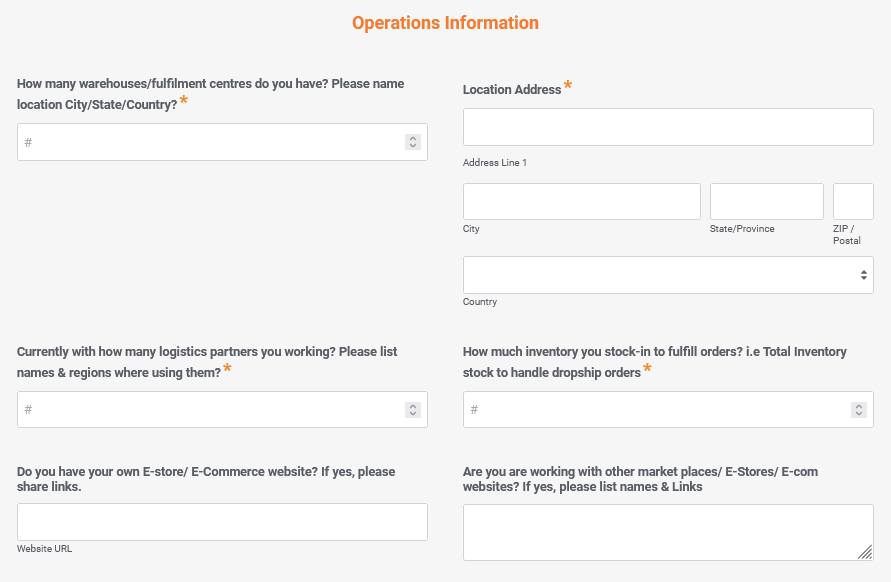 Provide the Operations Information about your business like warehouses/fulfillment centers, Location Address, logistic partners, etc.  