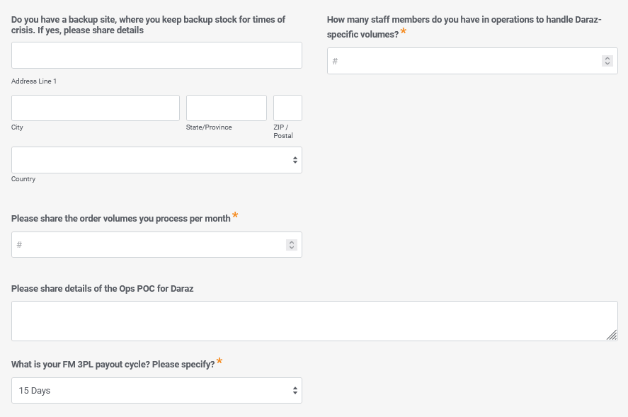 Provide the remaining Operations information Provide the remaining Operations information like backup site, employees or staff members, order volumes, Ops POC, and FM 3PL payout cycle.