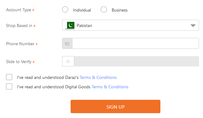 Choose Daraz Digital Sahulat account. Select your Account Type, location, phone number, etc.