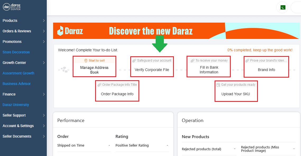 Complete the To-Do List like Manage Address Book, Verify Corporate File, Fill in Bank Information, Brand Info, Order Package Info, and Upload Your SKU (Stock-keeping Unit).   