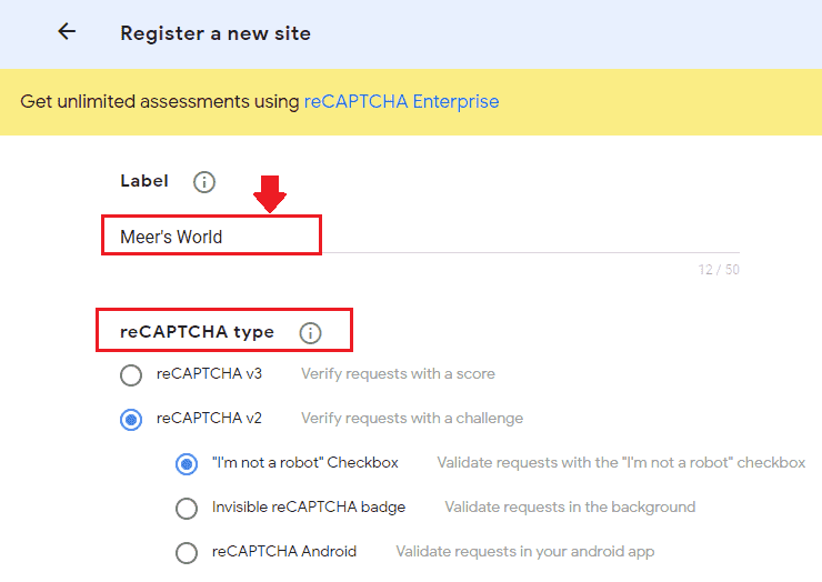 In the "Label" enter a name like your website name. On "reCAPTCHA type" choose your desired version of reCAPTCHA.