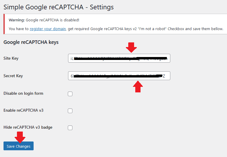 Paste both the Keys in their respective text fields in Simple Google reCAPTCHA Settings.