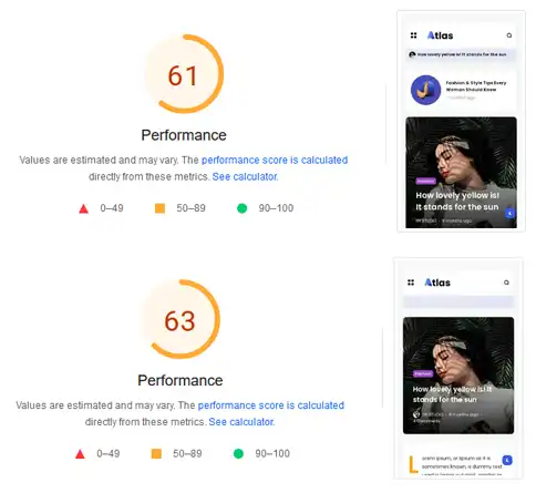 Atlas template's Homepage and item page performance score on mobile devices.