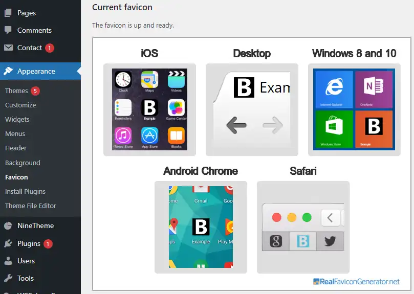 Once it generates your favicons you will be redirected to your WordPress dashboard where you can see preview of favicon for different devices and operating systems. 