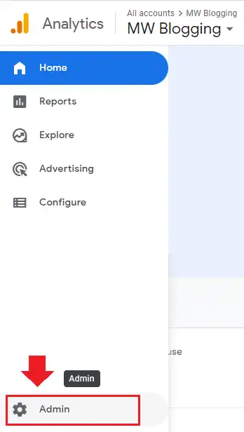Go to your Google Analytics 4 account. Click Admin from the Sidebar.