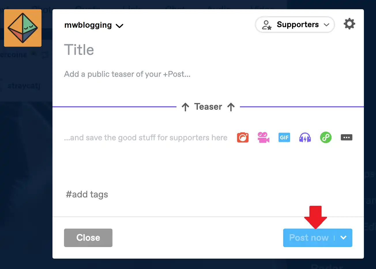 As you will choose Supporters it will add divider in the post editor. Anything written or added above the divider will be a teaser for non-supporters, as shown in the Section 1 above. Click the Post now button to publish it.