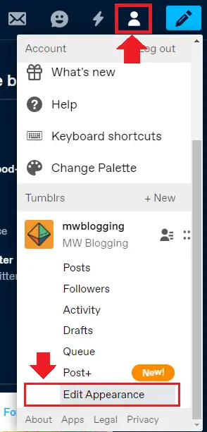 Click the Account Icon located at your top-right corner. Scroll-down to bottom and click the Edit Appearance option.