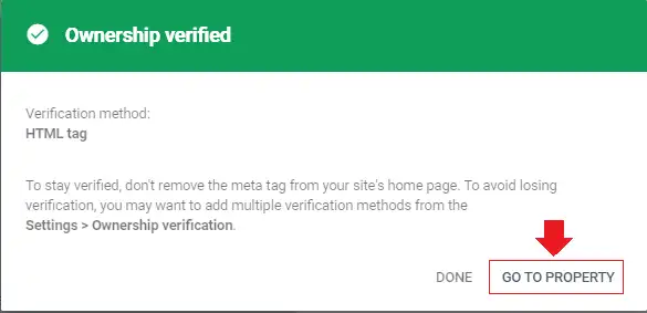 Click the GO TO PROPERTY to access your Google Search Console account.