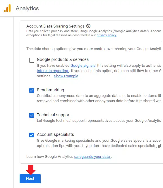 1) Go through the "Account Data Sharing Settings" and tick the options.
2) Click Next.
