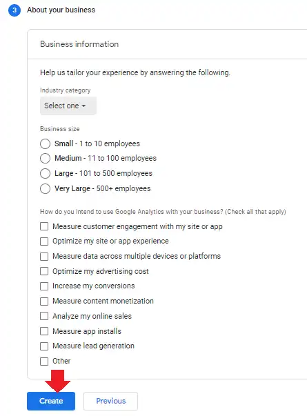 1) The third step is Business information. Choose all those options which are relevant to you. 2) You can leave this section empty as well.Click the Create button.