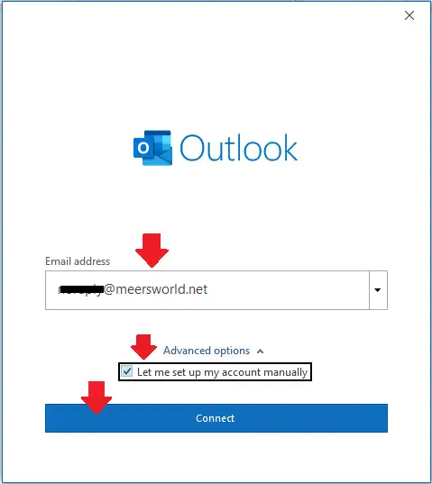Enter your Email address. Expand the Advanced options and click Let me set up my account manually. Click Connect.