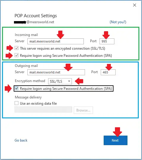 In Outgoing mail Server enter "mail.your_domain_name" same as you entered above. In Port enter 465. In Encryption method choose "SSL/TLS". Tick Require logon using Secure Password Authentication (SPA). Click Next.