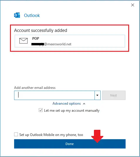 The custom domain email has been setup successfully in MS Outlook. Click Done.