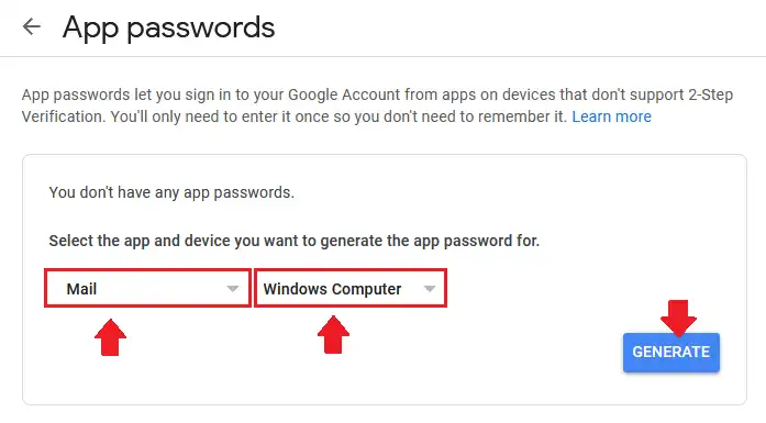 In Select app choose Mail, and in Select Device choose Windows Computer. Click GENERATE to create the app password.