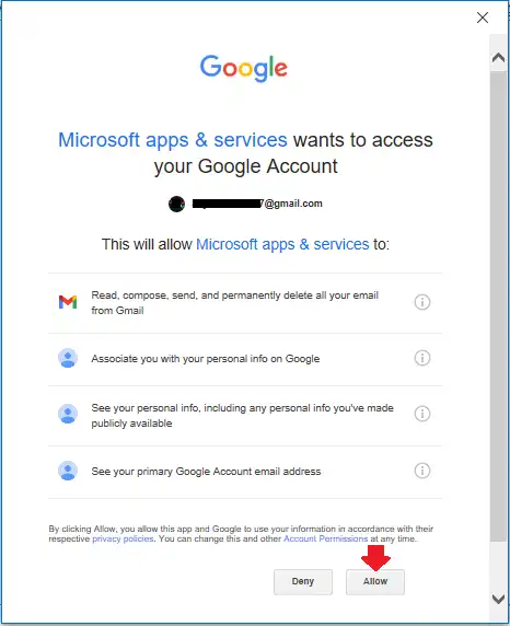 Click the Allow to give access of your Gmail account to MS Outlook.  