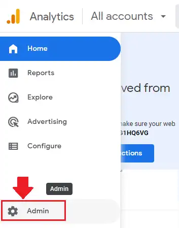 Go to bottom of the Left-sidebar in your Google Analytics 4 account. Click Admin.