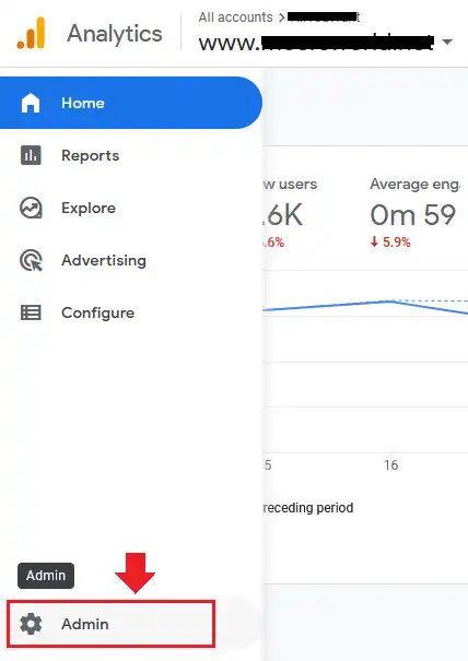 Login to your Google Analytics 4 account. From your Sidebar click on the Admin.