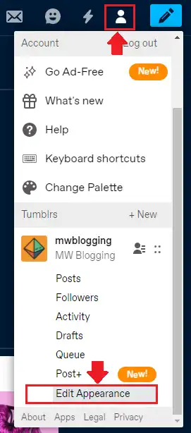 Click the Account Icon, located at your top-right corner. Scroll down to bottom and click Edit Appearance.